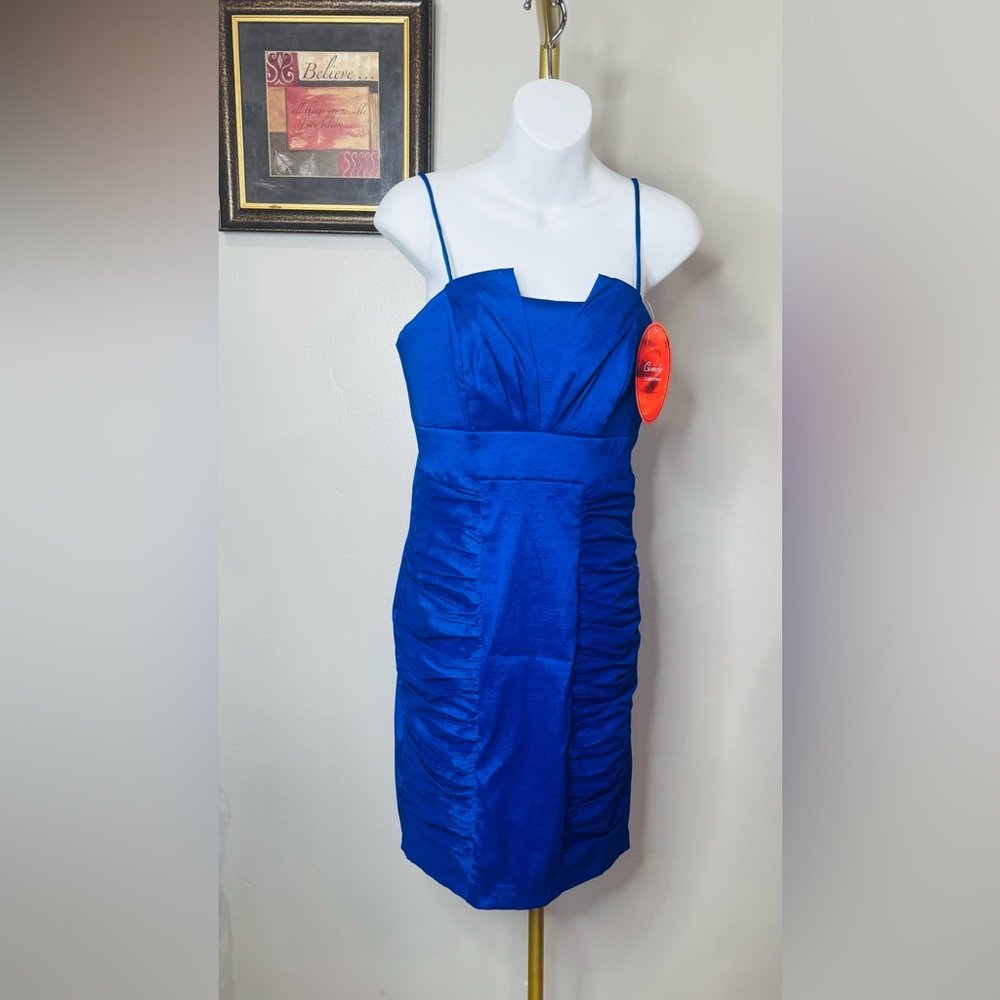 CINDY Collection Royal Blue Satin Spaghetti-Strap Ruched Mini Dress